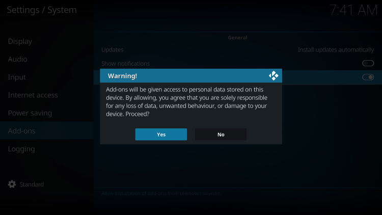 During the setup process, Kodi even warns us that these 3rd-party Add-ons will have access to personal data stored on our devices.