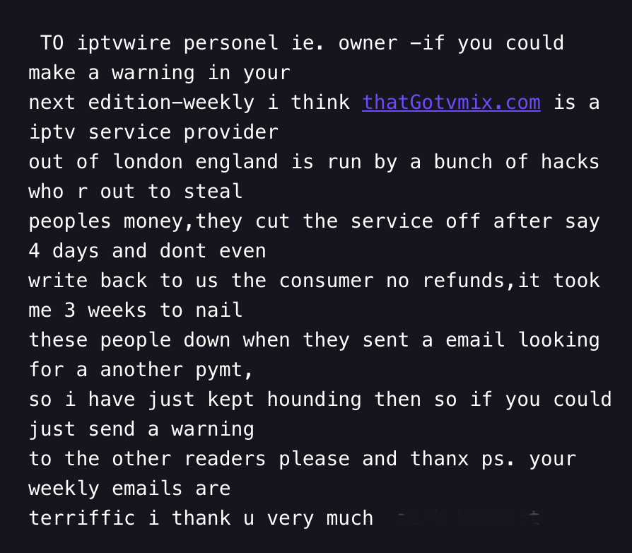 Gotvmix IPTV Scam email