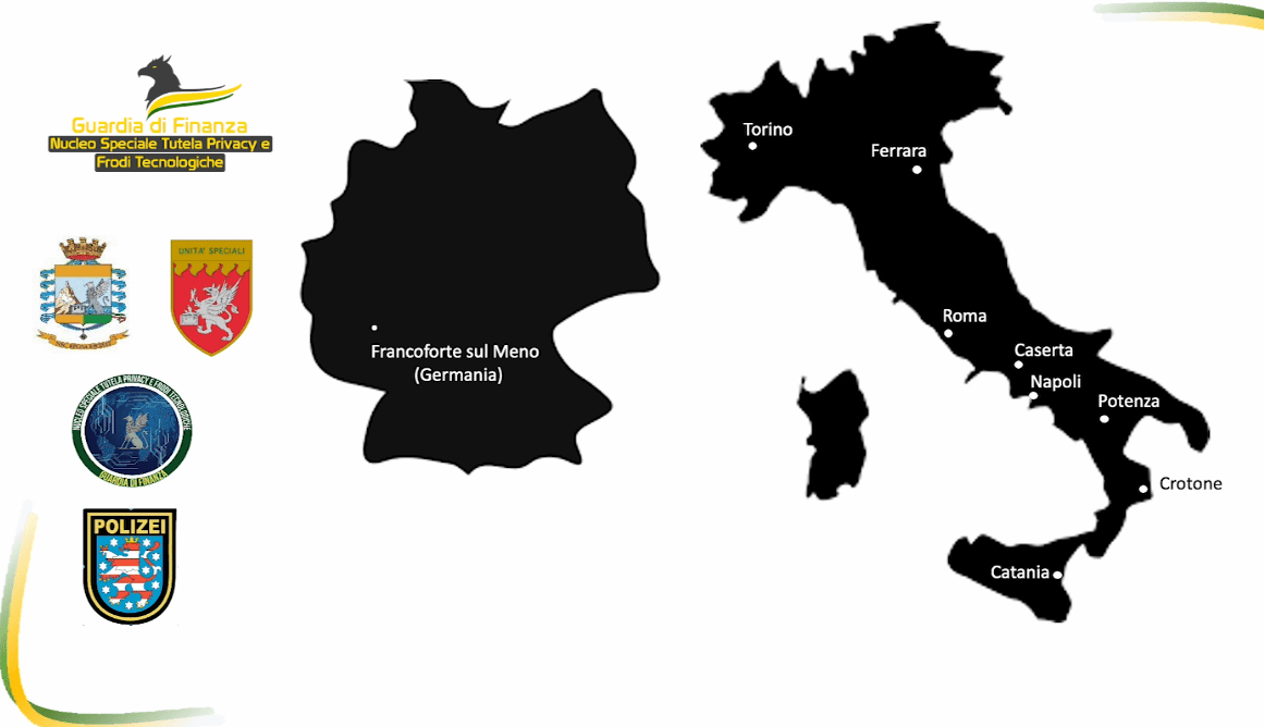a police video released showcased maps of Italy and Germany with numerous marked areas indicating the scope and international scale of the operation.