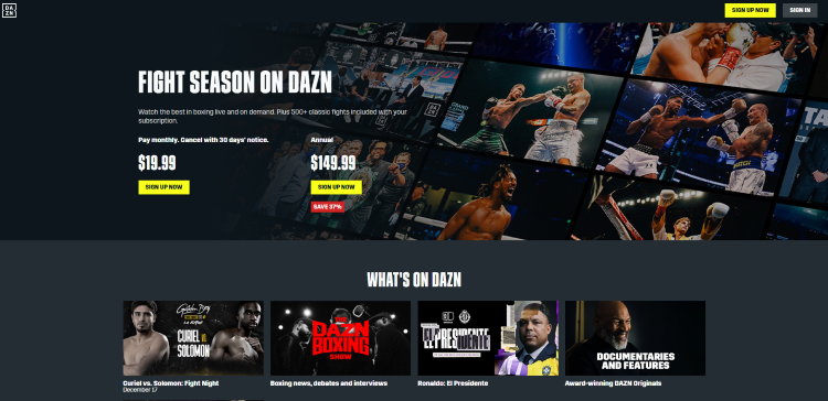 DAZN is a provider that broadcasts big boxing fights, MMA, original content, and major PPV events.