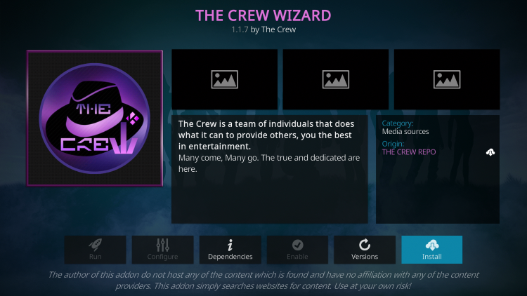 Install The Crew Wizard and wait for The Crew Wizard Add-on installed message to appear.