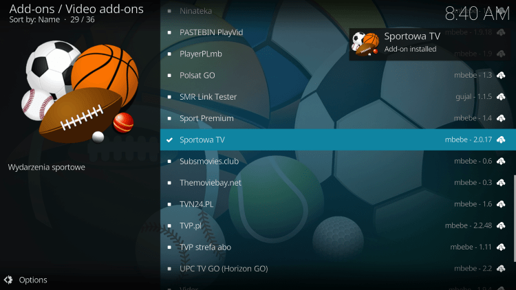 Receive a notification once the sportowa tv kodi addon has been installed.