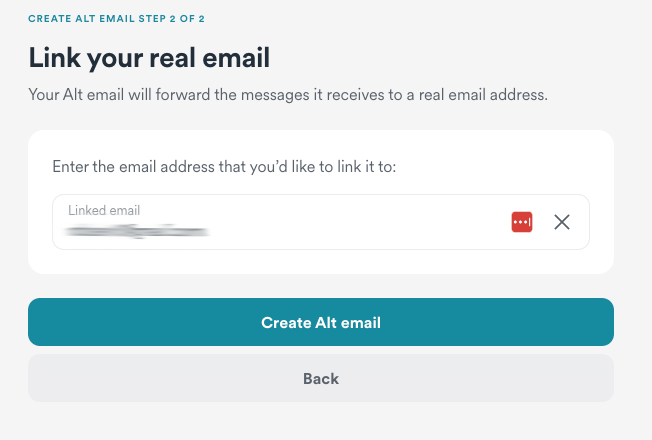 Enter the personal email address to which you want this new different email to be linked. Then click Create Alt email.