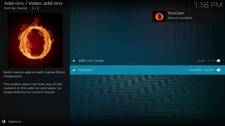 Wait for The Vow Kodi Extension installed message to appear.